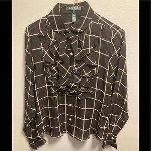 NWT Ralph Lauren Black and White Ruffled Button Down Shirt